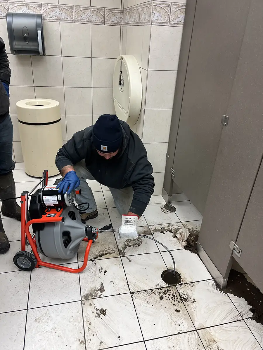 Drain cleaning in commercial building public restroom using RIDGID K5208 by TLC Patriot Septic and Excavation in Billings MT